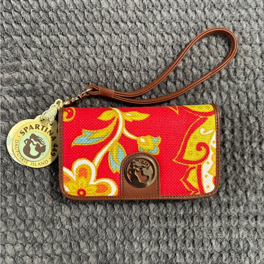 Spartina 449 Red Floral Canvas Wristlet Wallet with leather Brown Trim